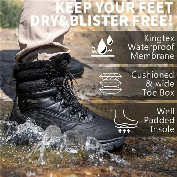 Men's Winter Snow Boots Waterproof Fur Lined Hiking Boots, Black