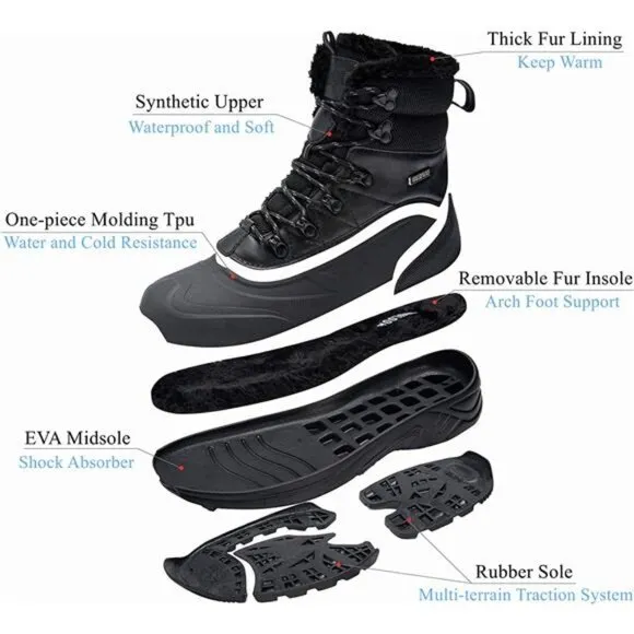 Men's Winter Snow Boots Waterproof Fur Lined Hiking Boots, Black