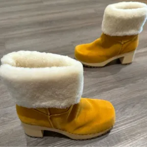 MIA Jildie Mustard Suede Leather Shearling Lined Heel Boots