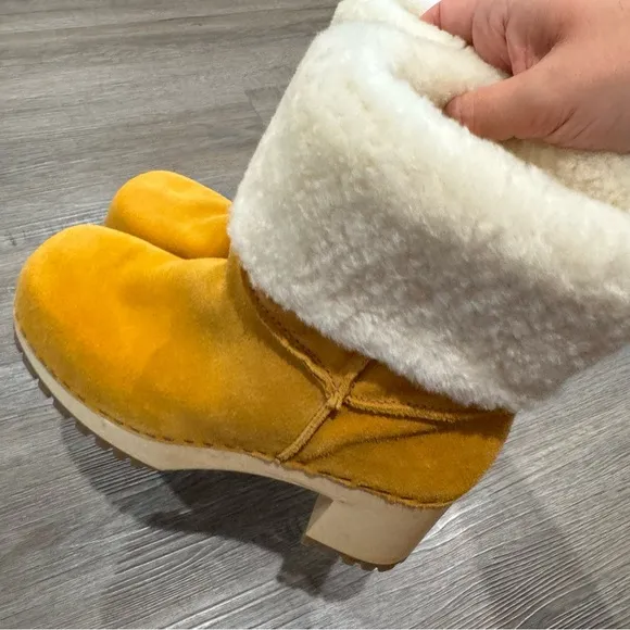 MIA Jildie Mustard Suede Leather Shearling Lined Heel Boots