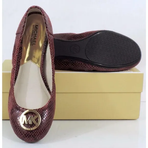 Michael Kors FULTON BALLET Flats MK Logo Leather Red Cinnabar Embossed Size 9.5