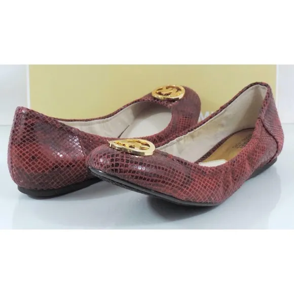 Michael Kors FULTON BALLET Flats MK Logo Leather Red Cinnabar Embossed Size 9.5