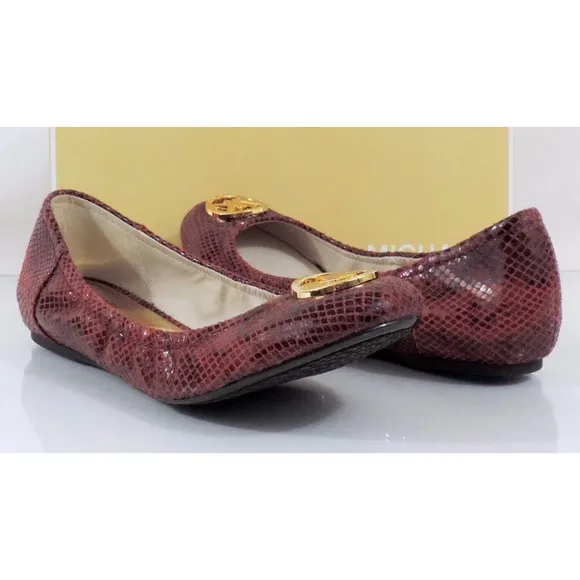 Michael Kors FULTON BALLET Flats MK Logo Leather Red Cinnabar Embossed Size 9.5