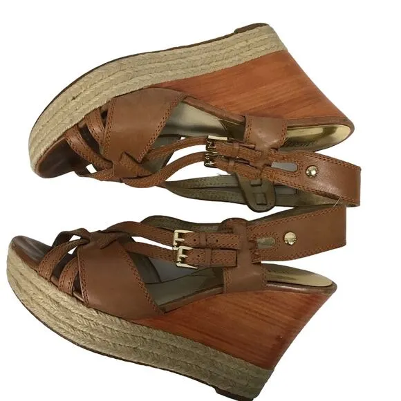 Michael Kors Keli Wedge Leather Espadrille Crossover Heel Sandal Brown Tan 8.5