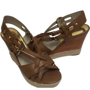 Michael Kors Keli Wedge Leather Espadrille Crossover Heel Sandal Brown Tan 8.5