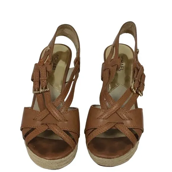 Michael Kors Keli Wedge Leather Espadrille Crossover Heel Sandal Brown Tan 8.5