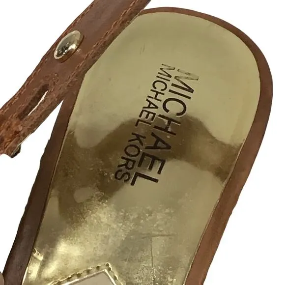 Michael Kors Keli Wedge Leather Espadrille Crossover Heel Sandal Brown Tan 8.5