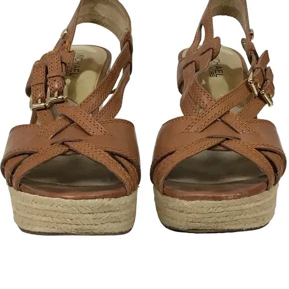 Michael Kors Keli Wedge Leather Espadrille Crossover Heel Sandal Brown Tan 8.5