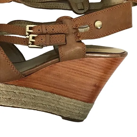 Michael Kors Keli Wedge Leather Espadrille Crossover Heel Sandal Brown Tan 8.5