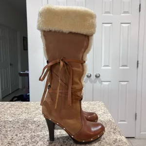 Michael Kors Shearling Clog Leather Boots Chestnut Size 6