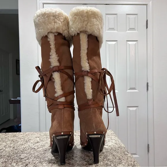 Michael Kors Shearling Clog Leather Boots Chestnut Size 6