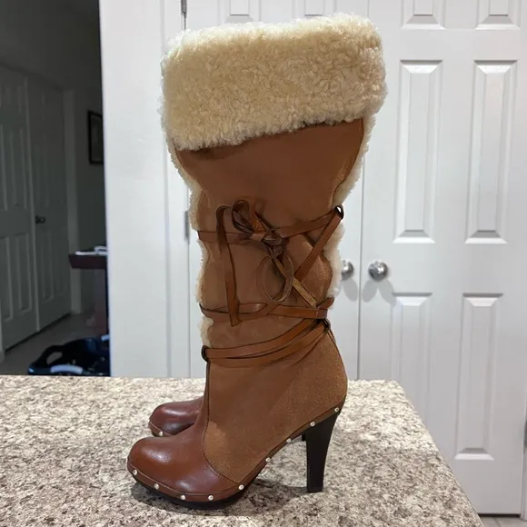 Michael Kors Shearling Clog Leather Boots Chestnut Size 6