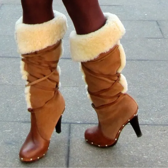 Michael Kors Shearling Clog Leather Boots Chestnut Size 6