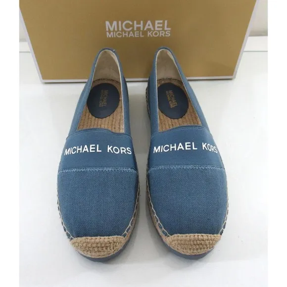 Michael Kors Vicky Espadrille Platform Flat Shoes Canvas MK Logo Denim