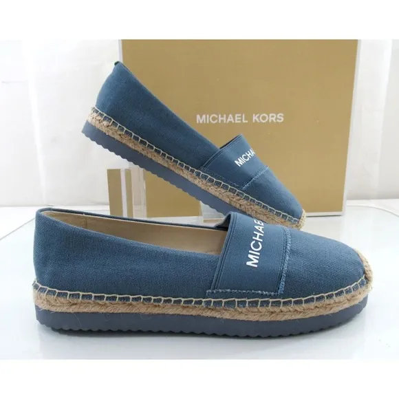 Michael Kors Vicky Espadrille Platform Flat Shoes Canvas MK Logo Denim