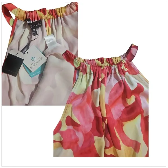 Ming Wang Abstract Print Crepe De Chine Halter Neck Sleeveless Tiered Maxi Dress