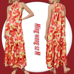 Ming Wang Abstract Print Crepe De Chine Halter Neck Sleeveless Tiered Maxi Dress
