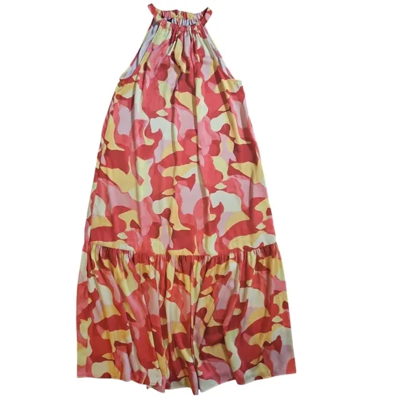 Ming Wang Abstract Print Crepe De Chine Halter Neck Sleeveless Tiered Maxi Dress