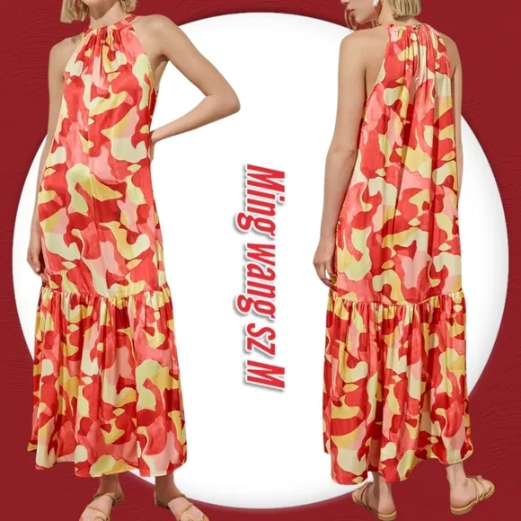 Ming Wang Abstract Print Crepe De Chine Halter Neck Sleeveless Tiered Maxi Dress