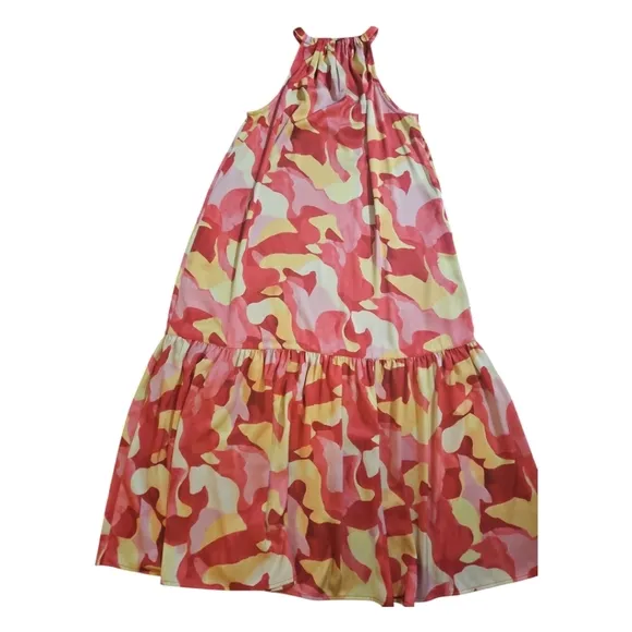 Ming Wang Abstract Print Crepe De Chine Halter Neck Sleeveless Tiered Maxi Dress