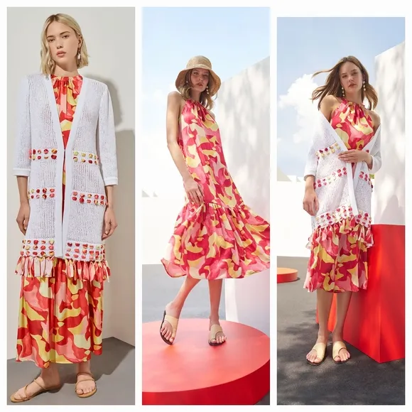 Ming Wang Abstract Print Crepe De Chine Halter Neck Sleeveless Tiered Maxi Dress