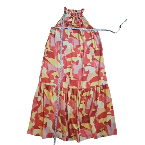 Ming Wang Abstract Print Crepe De Chine Halter Neck Sleeveless Tiered Maxi Dress