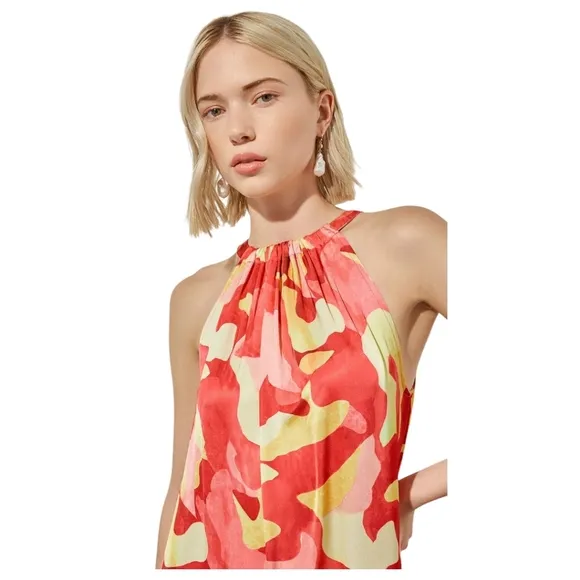 Ming Wang Abstract Print Crepe De Chine Halter Neck Sleeveless Tiered Maxi Dress