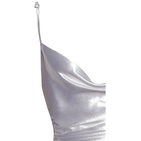 Miss circle white drawstring tie side, slit satin silky bridal midi dress