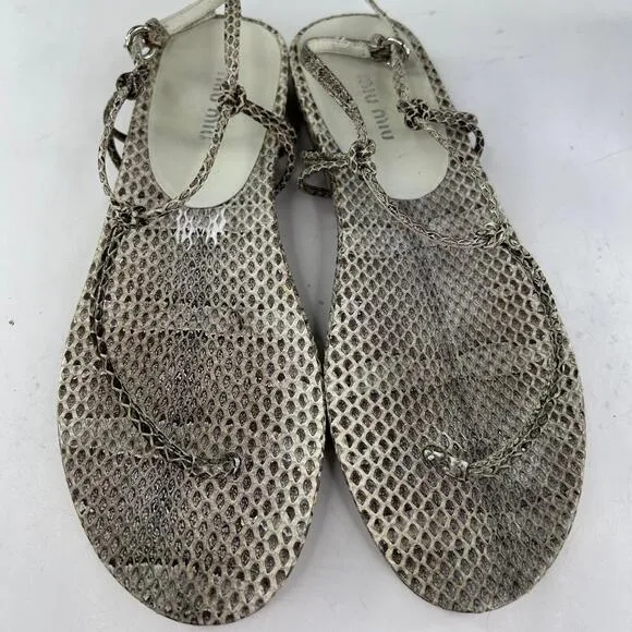 Miu Miu Genuine Water Snakeskin Flat T-Strap US 7.5 Made In Italy Thong Sandals