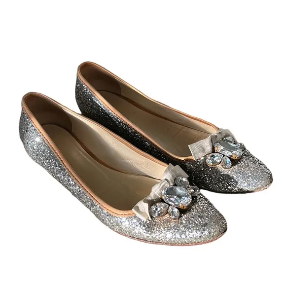 Miu Miu Prada Silver Glitter Swarovski Crystal Embellished Bow Flats - 9.5