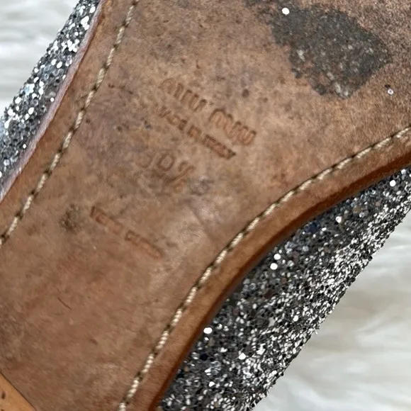 Miu Miu Silver Glitter Rhinestone Embellished Flats