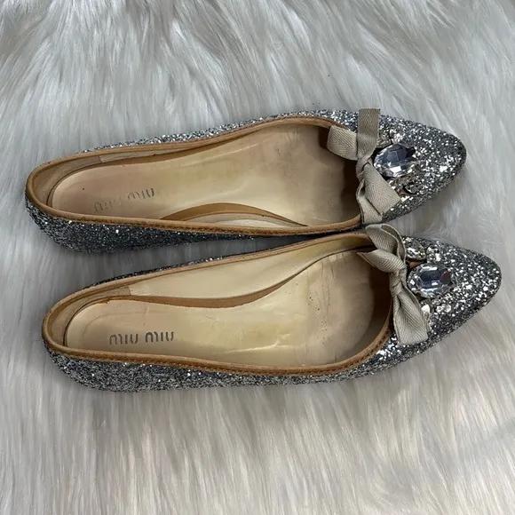 Miu Miu Silver Glitter Rhinestone Embellished Flats