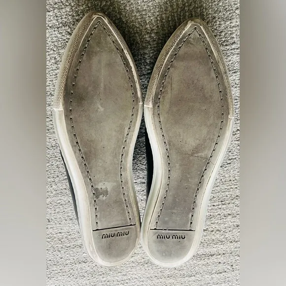 MIU MIU Women’s Black Leather Flats With Silver Toe Cap