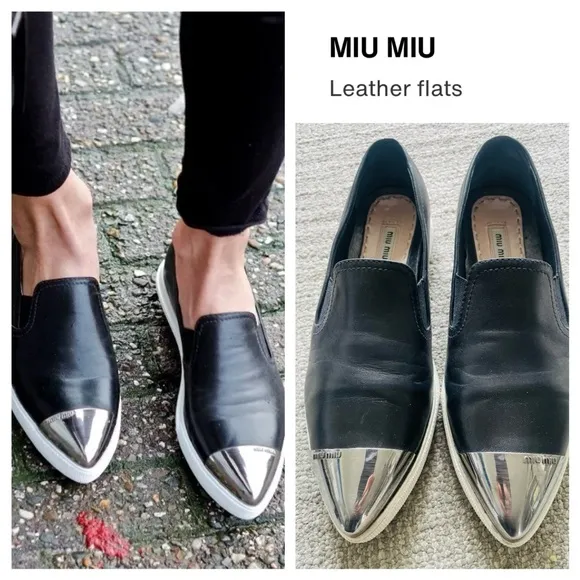 MIU MIU Women’s Black Leather Flats With Silver Toe Cap