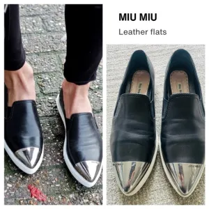 MIU MIU Women’s Black Leather Flats With Silver Toe Cap