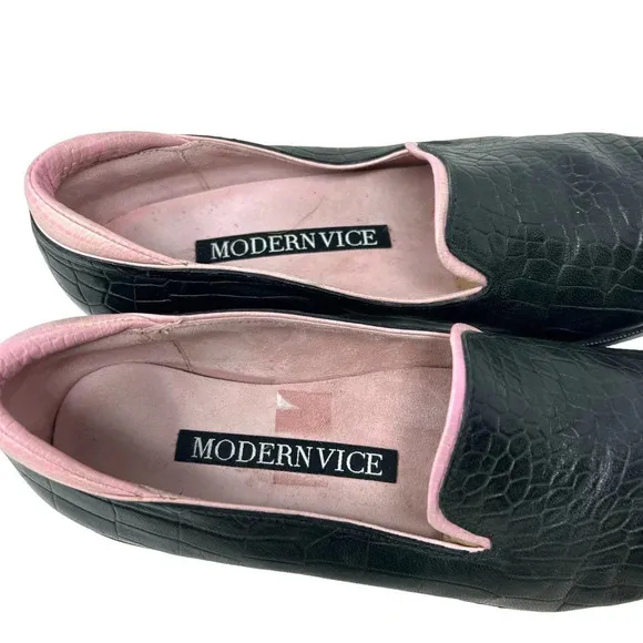 Modern Vice Black &amp; Pink Alligator Croc Leather Loafers Size 37.5 US 7.5