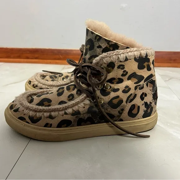 Mou Leopard Lace Up Boots Shearling Interior Size 8