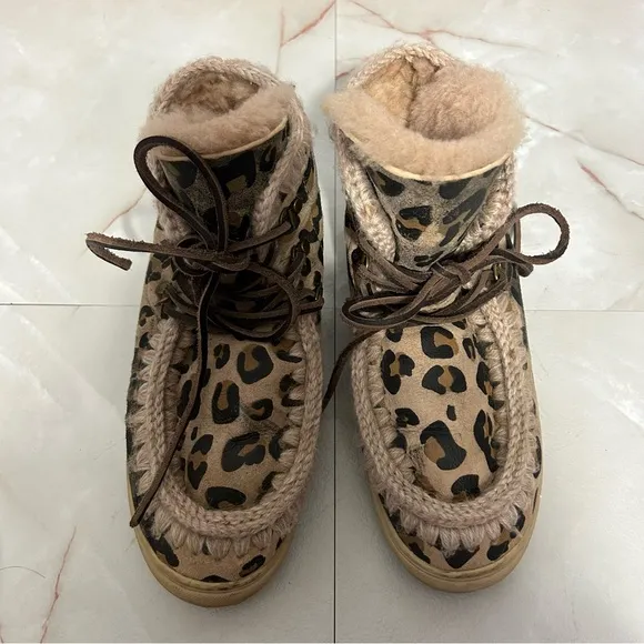 Mou Leopard Lace Up Boots Shearling Interior Size 8