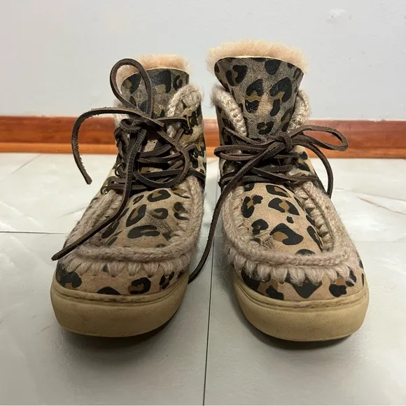 Mou Leopard Lace Up Boots Shearling Interior Size 8