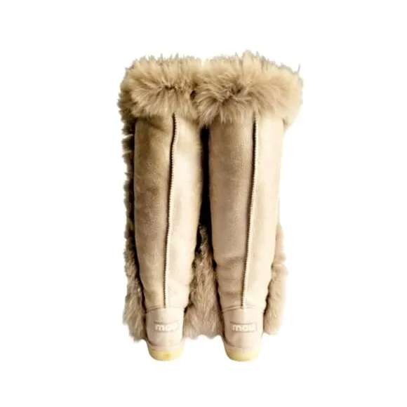 MOU Tall Winter Boots Stone Metallic Sheepskin Fur Trim Lace Up Sz 36 XS US 5