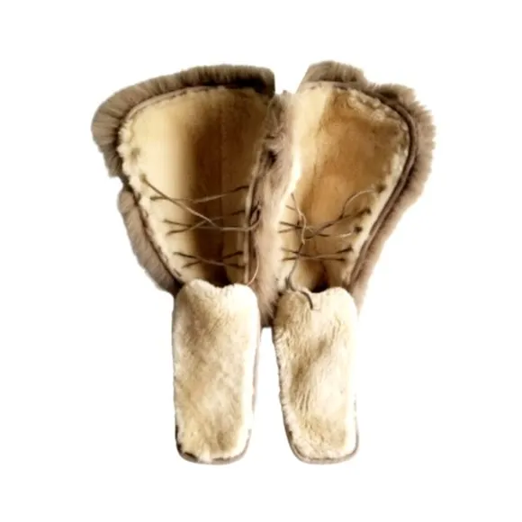 MOU Tall Winter Boots Stone Metallic Sheepskin Fur Trim Lace Up Sz 36 XS US 5