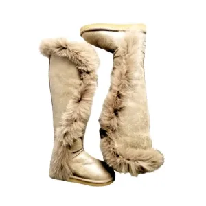 MOU Tall Winter Boots Stone Metallic Sheepskin Fur Trim Lace Up Sz 36 XS US 5