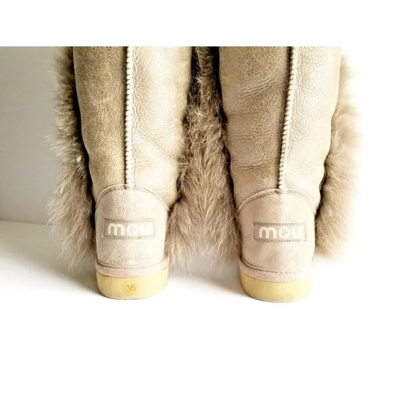 MOU Tall Winter Boots Stone Metallic Sheepskin Fur Trim Lace Up Sz 36 XS US 5