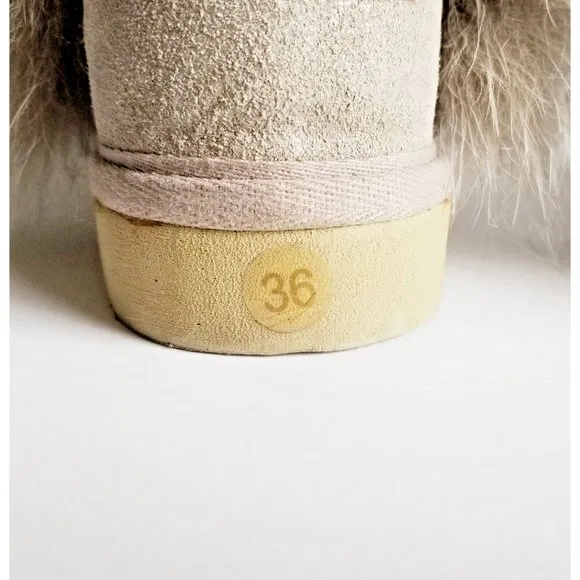 MOU Tall Winter Boots Stone Metallic Sheepskin Fur Trim Lace Up Sz 36 XS US 5