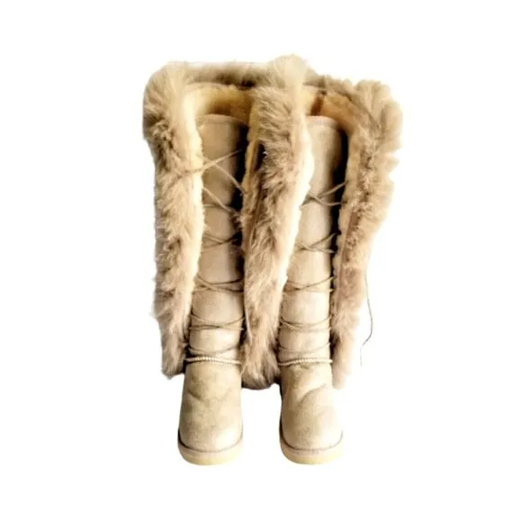 MOU Tall Winter Boots Stone Metallic Sheepskin Fur Trim Lace Up Sz 36 XS US 5