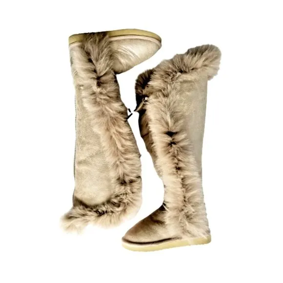 MOU Tall Winter Boots Stone Metallic Sheepskin Fur Trim Lace Up Sz 36 XS US 5