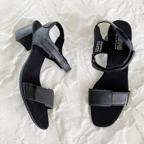 MUNRO Denise Ii Block Heel Sandal In Black Leather/ Patent Combo Size 8.5M