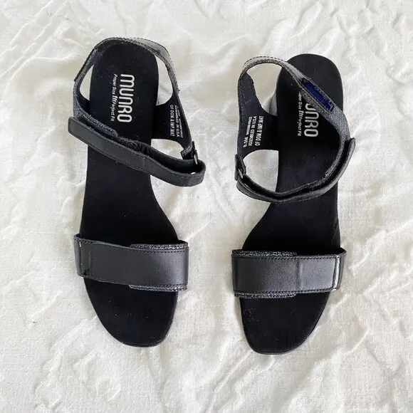 MUNRO Denise Ii Block Heel Sandal In Black Leather/ Patent Combo Size 8.5M
