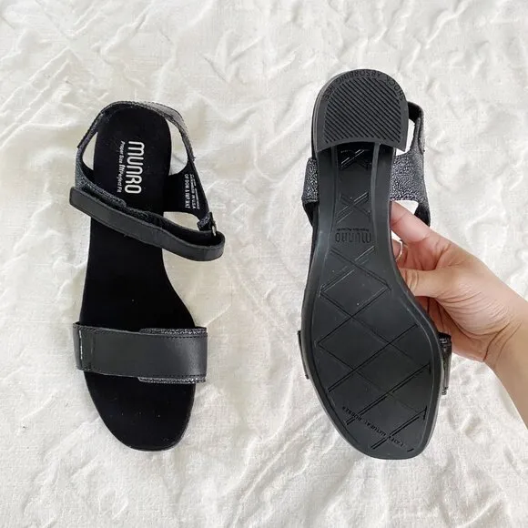 MUNRO Denise Ii Block Heel Sandal In Black Leather/ Patent Combo Size 8.5M