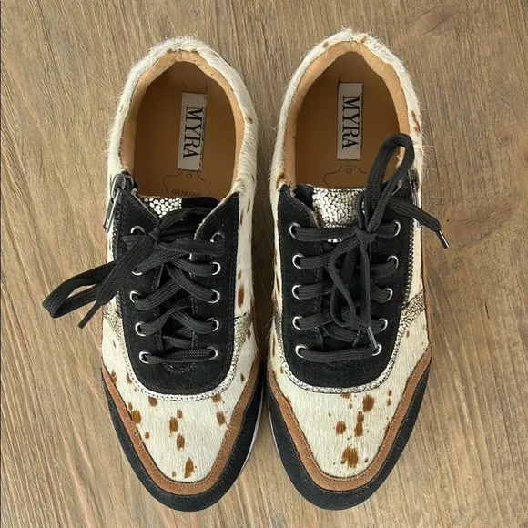 MYRA Swift Black and Brown/Cow Print Sneakers | 8